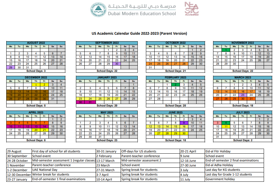 Academic Calendar 2022 2023 Dubai Modern Education School